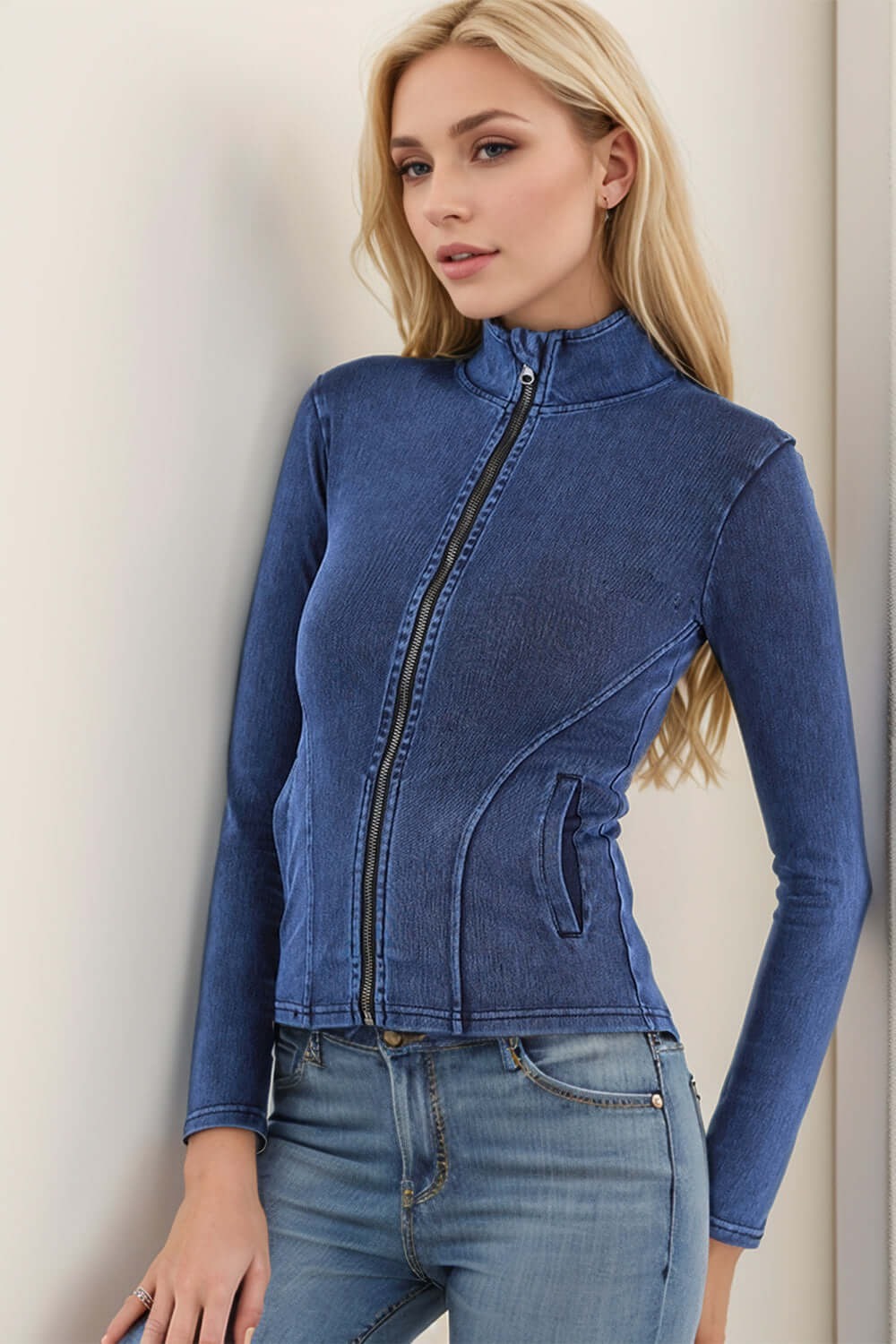 Urban Edge: Turtleneck Denim Zip-Up with Pockets