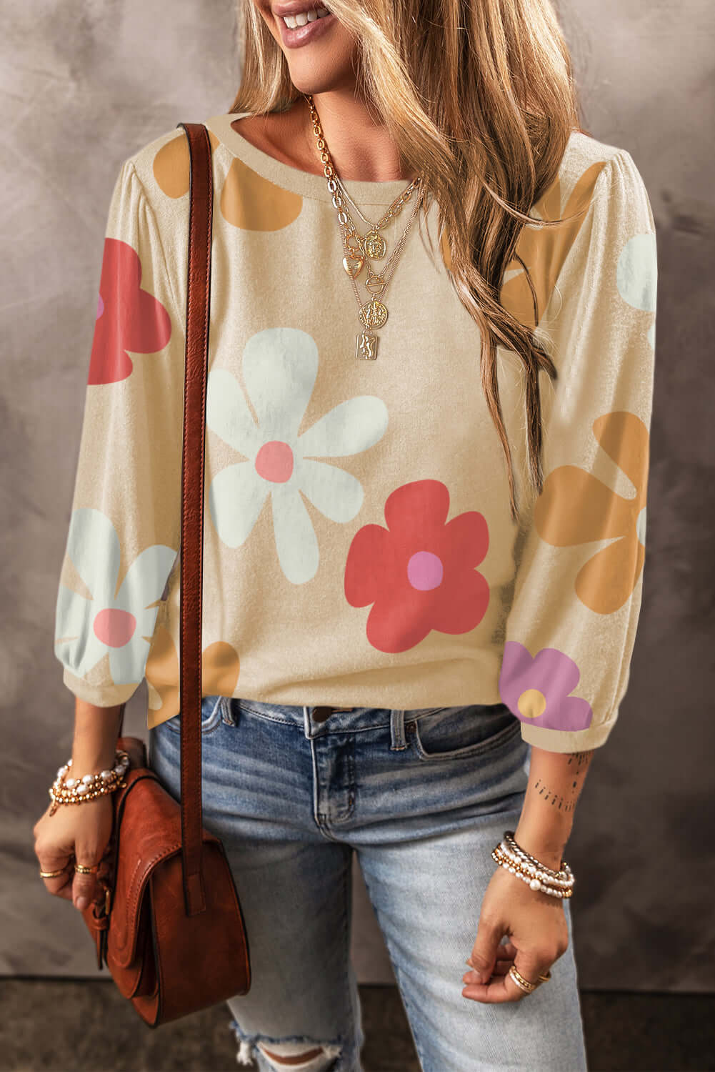 Blossom Beauty: Adorable Flower Print Ruched Bracelet Sleeve Top