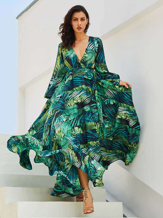 Flowing Grace: Leaf Print Lantern Sleeve Dress