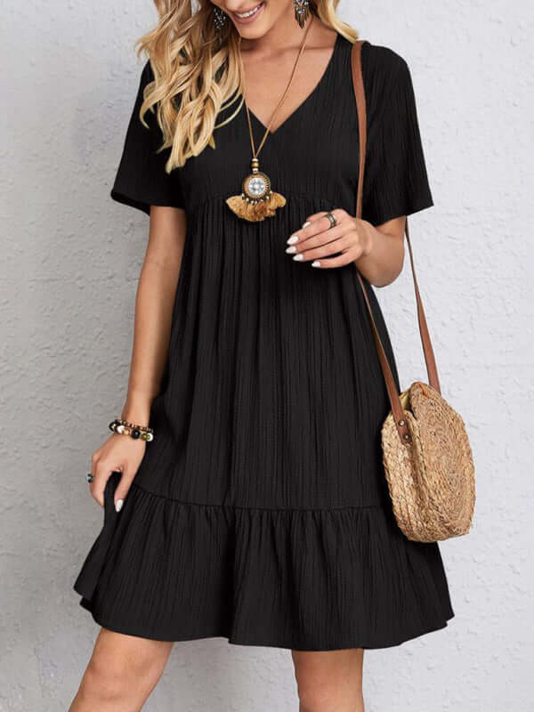 Summer Style: Breathable Wrinkle Short Sleeve V-Neck Splicing Dress