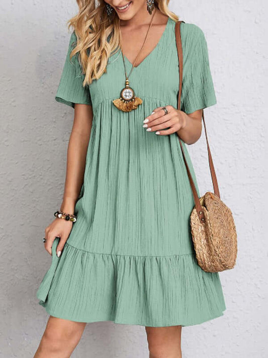 Summer Style: Breathable Wrinkle Short Sleeve V-Neck Splicing Dress