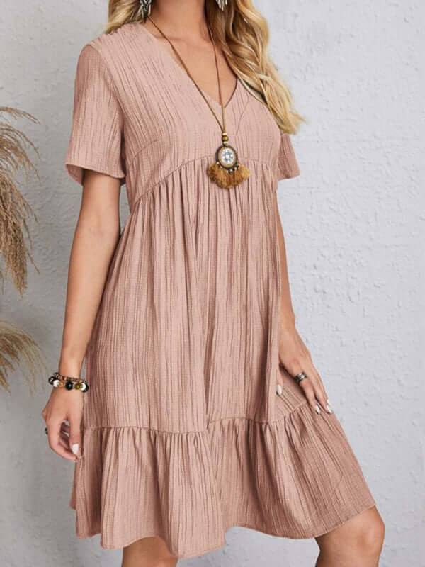 Summer Style: Breathable Wrinkle Short Sleeve V-Neck Splicing Dress