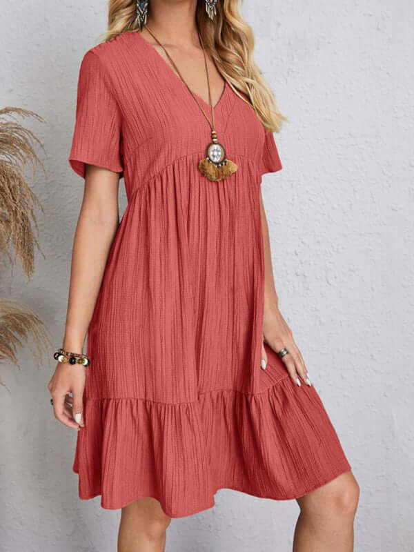 Summer Style: Breathable Wrinkle Short Sleeve V-Neck Splicing Dress