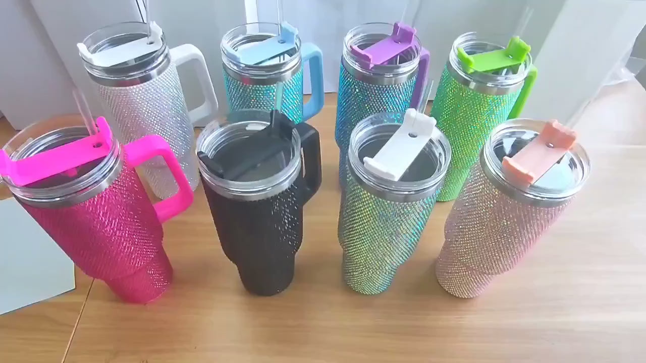 Dazzling Brilliance Stainless Steel Rhinestone Tumbler 40 Oz  Insulated Luxury with LeakResistant Design  Convenient Handle 