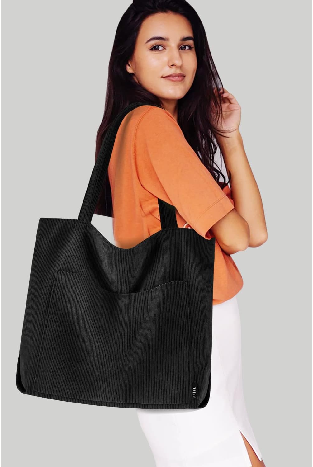 Large Corduroy Shoulder Tote Bag with Zipper and Pockets | GreenLifeHuman Emporium