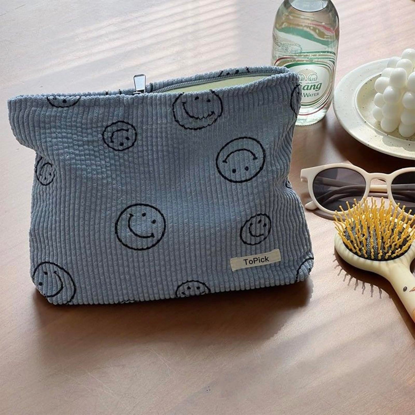 Smiley Face Logo Corduroy Cosmetic Bag with Zipper Closure | GreenLifeHuman Emporium