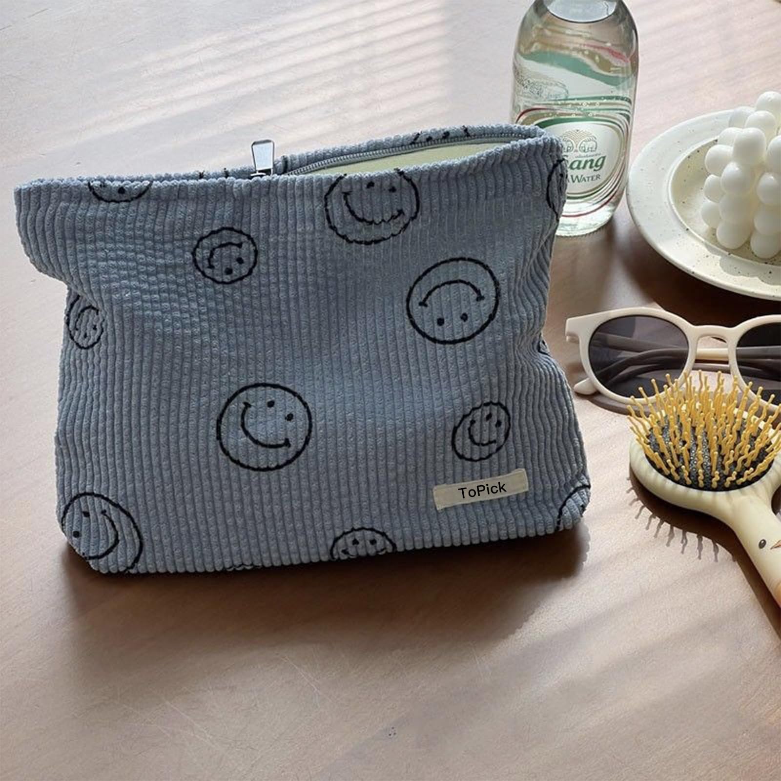 Smiley Face Logo Corduroy Cosmetic Bag with Zipper Closure | GreenLifeHuman Emporium