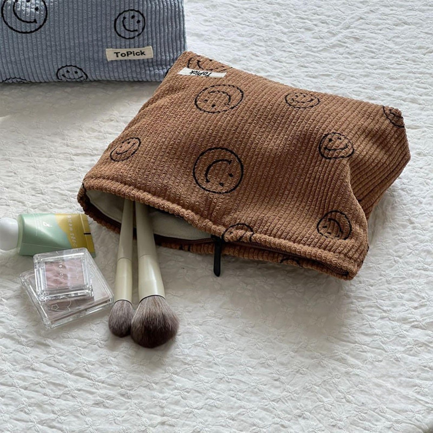 Smiley Face Logo Corduroy Cosmetic Bag with Zipper Closure | GreenLifeHuman Emporium