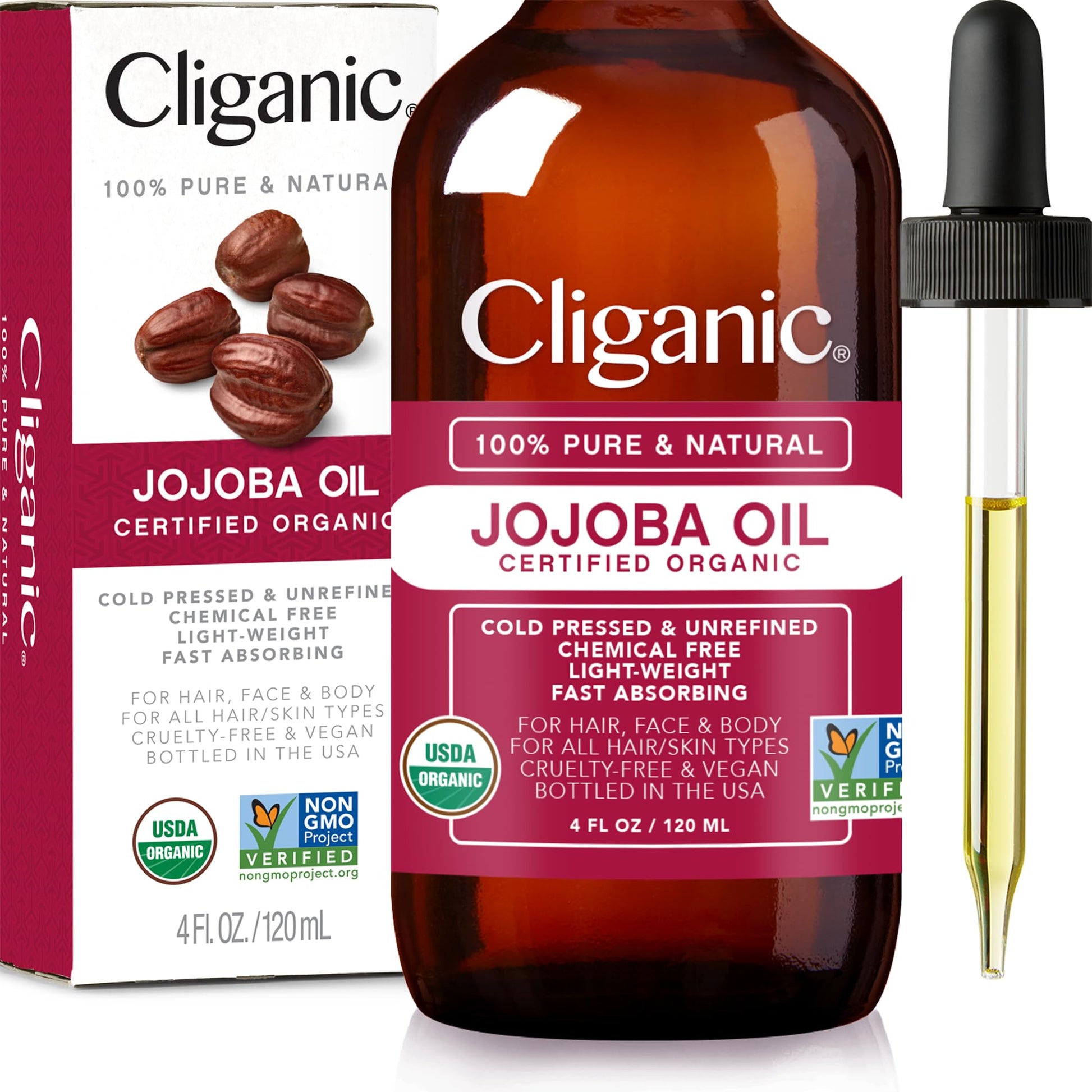 Natural Cold Pressed Cliganic USDA Organic Jojoba Oil, 100% Pure (120ml Large) | GreenLifeHuman Emporium