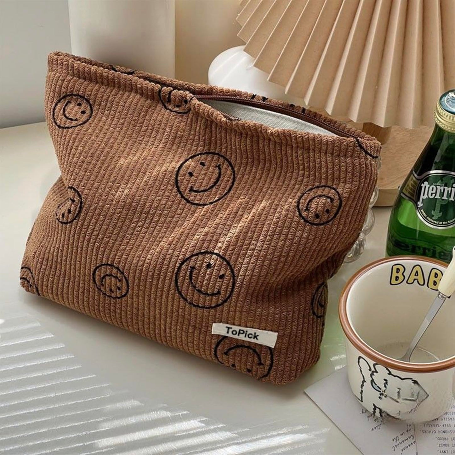 Smiley Face Logo Corduroy Cosmetic Bag with Zipper Closure | GreenLifeHuman Emporium