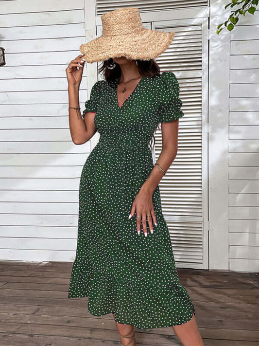 Elegant Chic Polka Dot V-Neck Mid-Length Dress