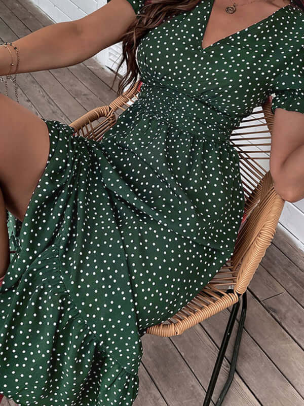 Elegant Chic Polka Dot V-Neck Mid-Length Dress