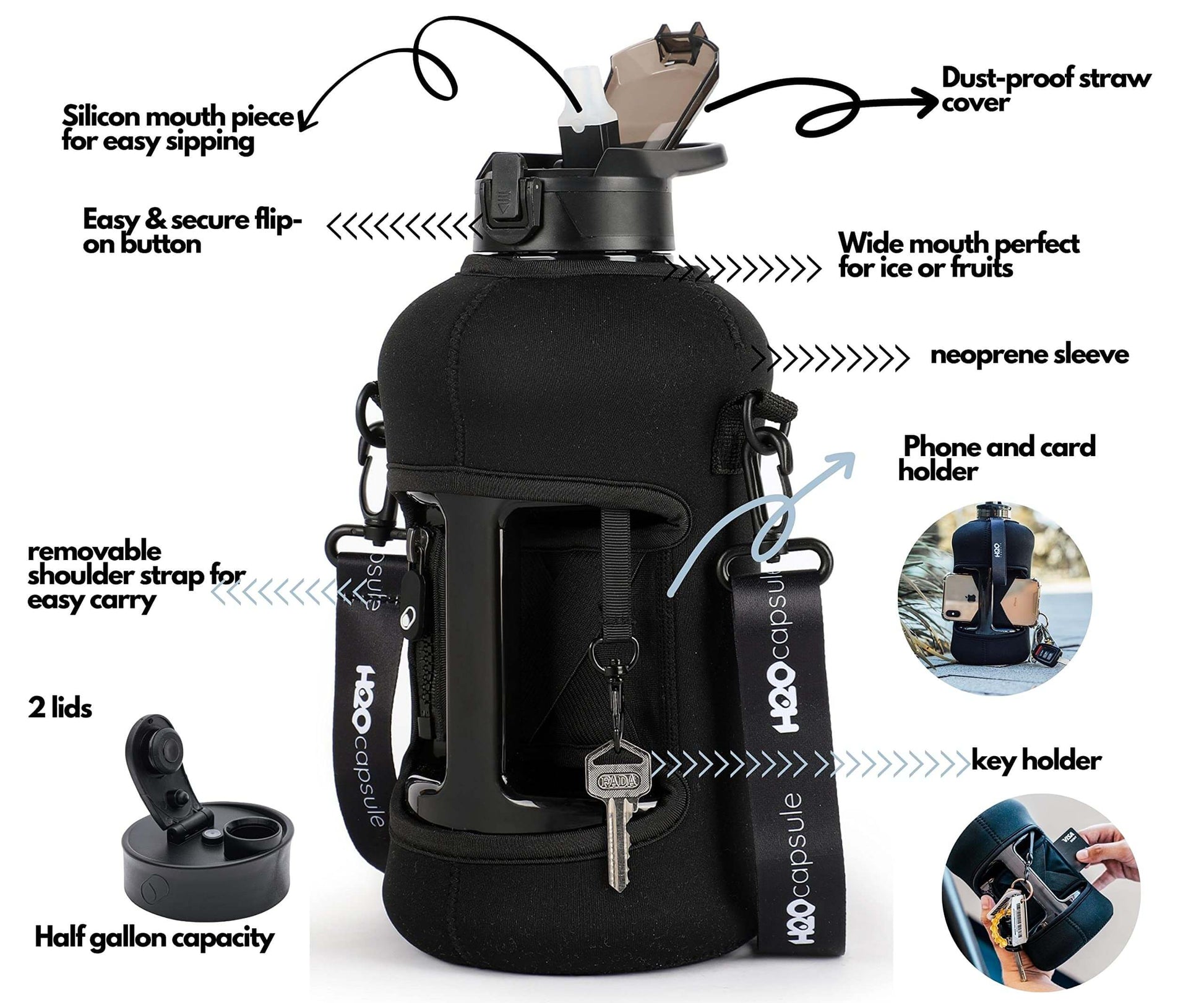 Large 2.2L Sports Water Bottle with Covered Straw Lid