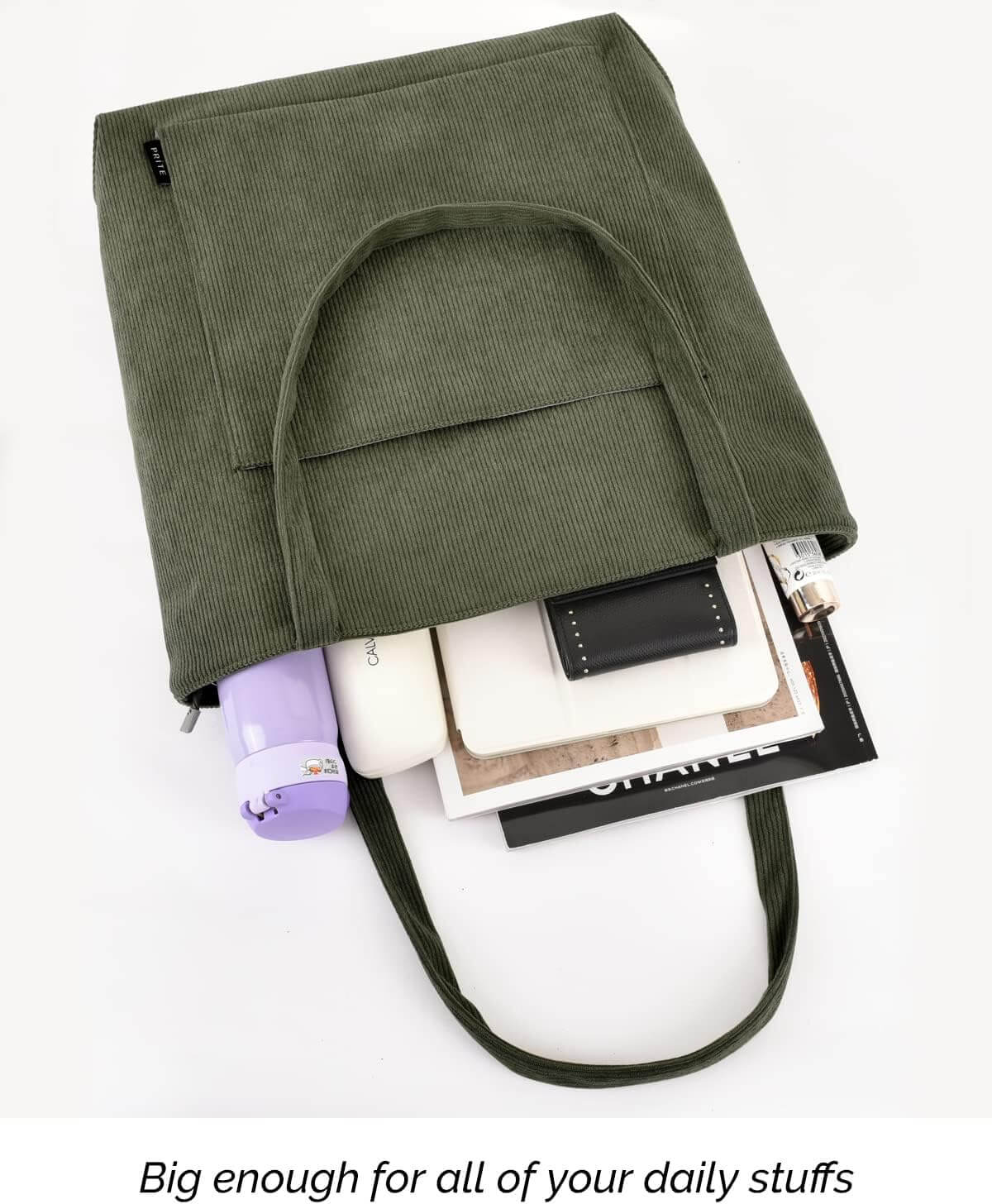 Large Corduroy Shoulder Tote Bag with Zipper and Pockets | GreenLifeHuman Emporium