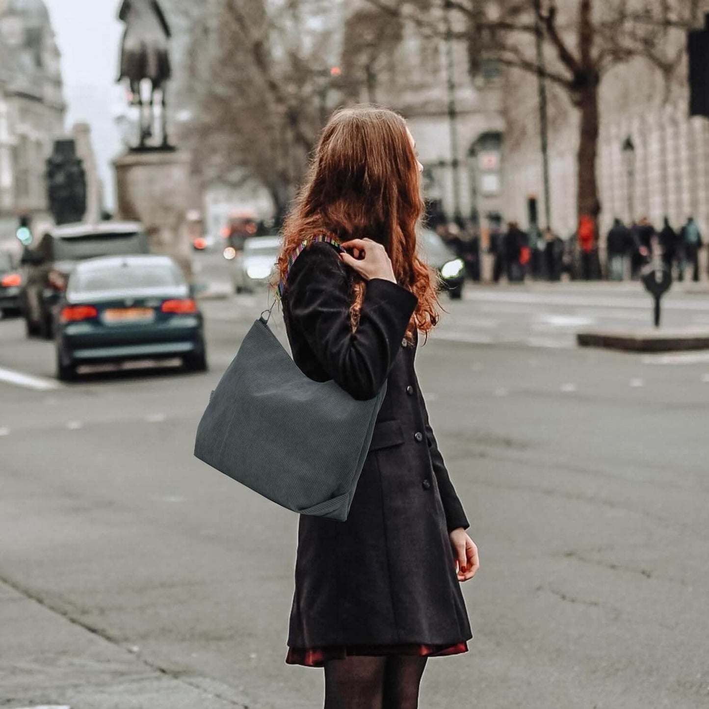 Large Corduroy Shoulder Tote Bag with Zipper and Pockets | GreenLifeHuman Emporium