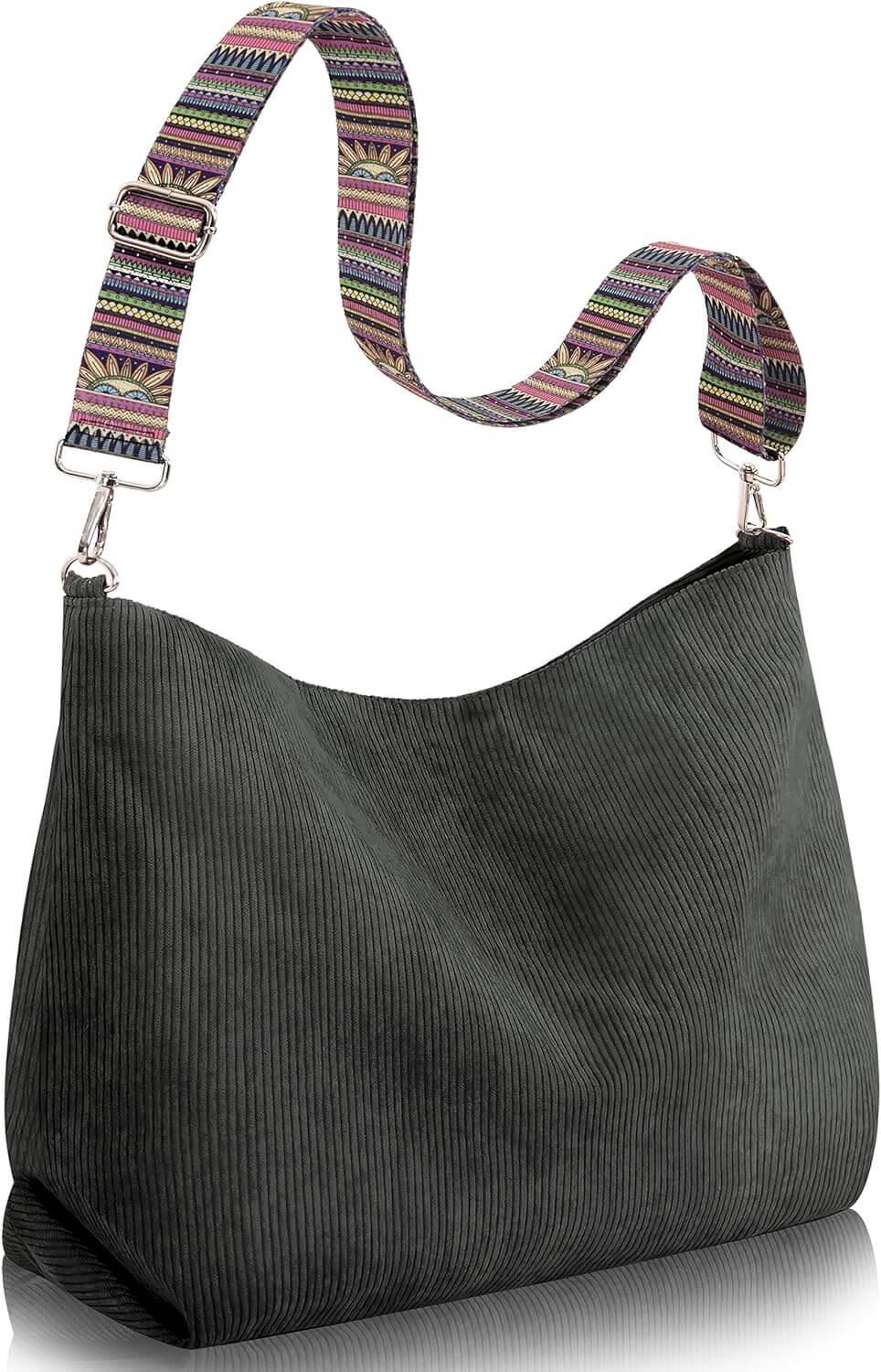 Large Corduroy Shoulder Tote Bag with Zipper and Pockets | GreenLifeHuman Emporium